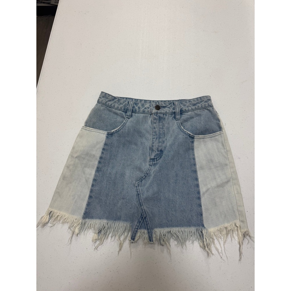Free People Blue Denim Patchwork Frayed Hem Mini Skirt Size 4